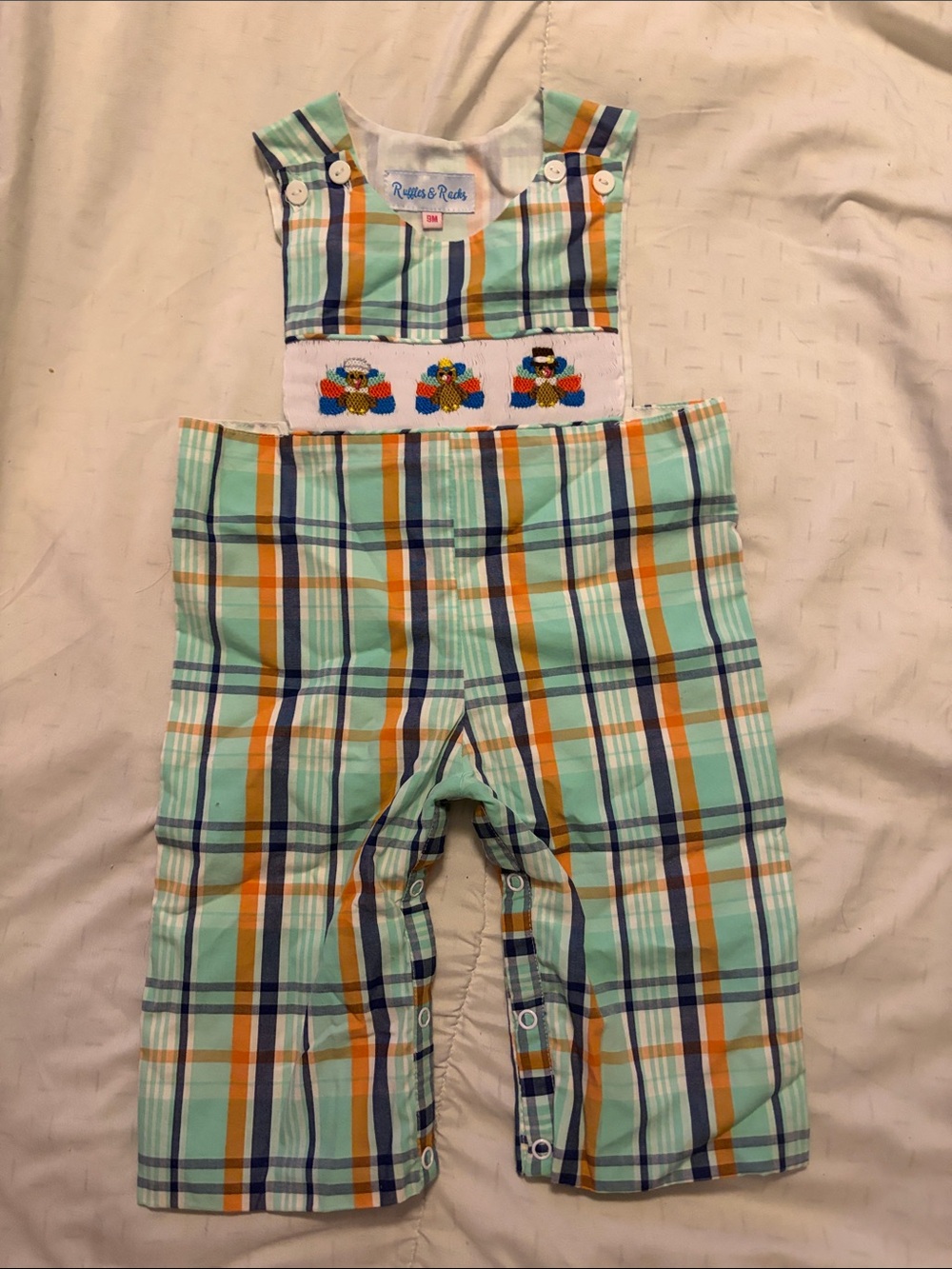 Smocked Plaid Overalls in Mint with Orange & Navy Accents